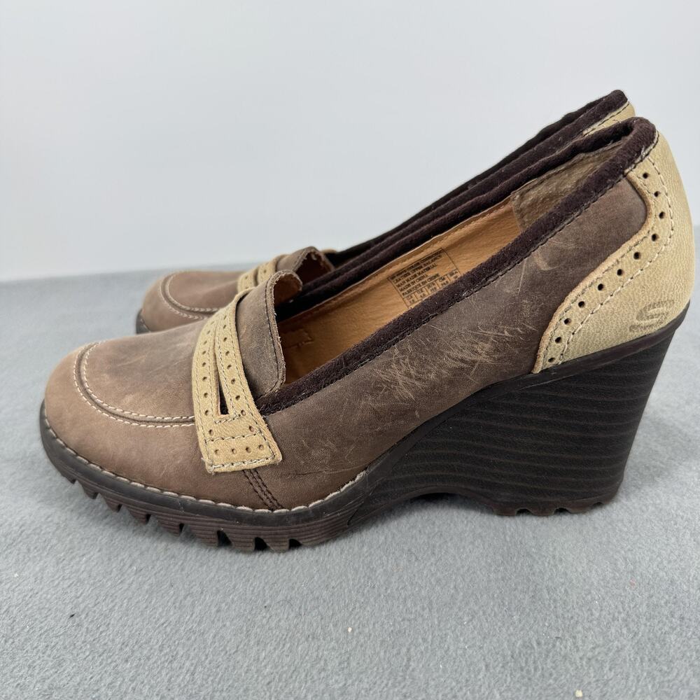 Skechers Y2K Chunky Leather Wedge Loafers Womens 7.5 Brown Comfort Shoes